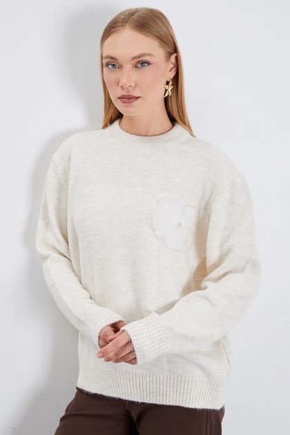 Beaded Floral Embroidered Knit Sweater