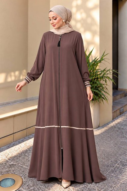Zippered Brown Hijab Ferace 26212Kh