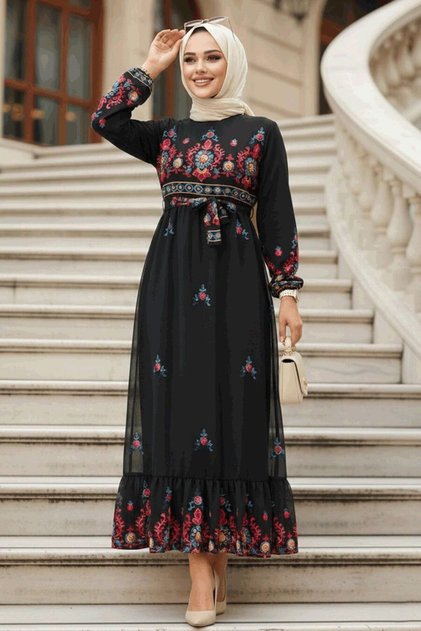 Floral Patterned Black Hijab Dress 23231S
