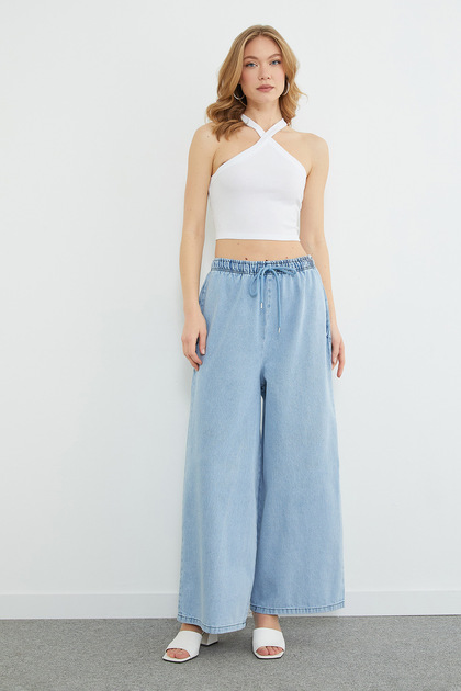 Beli Lace-Up Stoned Wide Leg Jeans