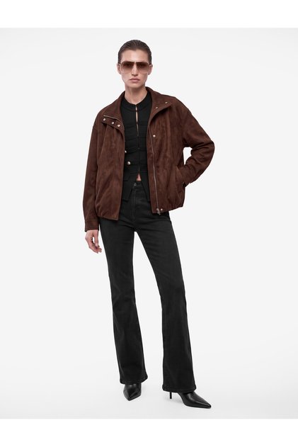 Long Sleeve Zippered Pocketed Stand Collar Oversize Faux Suede Bomber Jacket