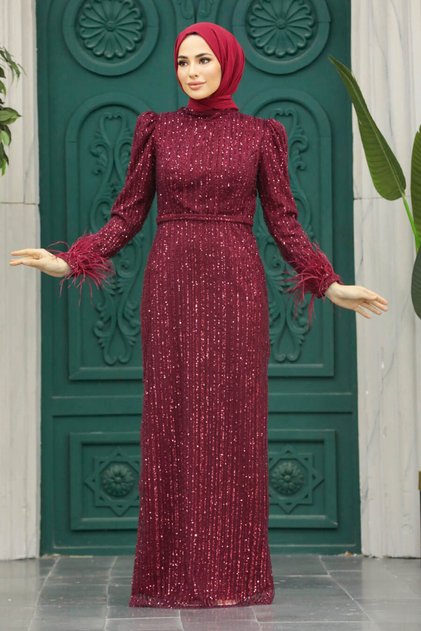 Sequined Burgundy Hijab Evening Dress 23210Br