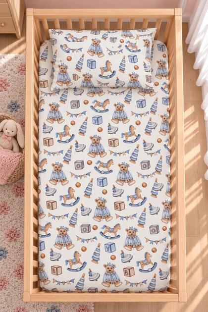 100% Cotton Mother's Side - Baby Elastic Bed Sheet Set with Park Bed Toy and Teddy Bear - 2 Pillowcases 60X120 / 70X120 / 70X110