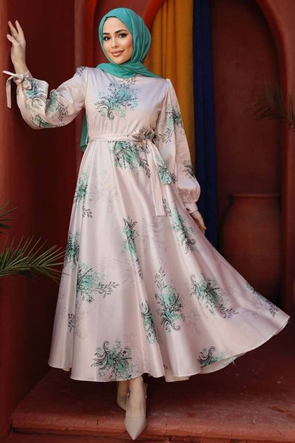 Floral Patterned Mint Hijab Dress 60911Mint