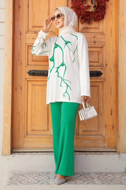 Green Patterned Hijab Double Set - 40225Y