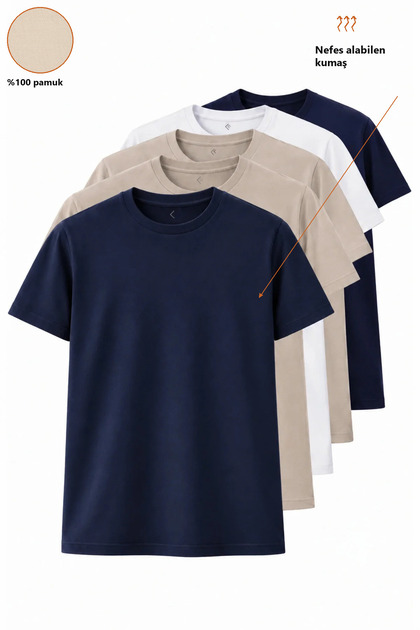 Men's White-Navy Blue-Beige Regular Fit Crew Neck 100% Cotton Basic T-Shirt Set of 5