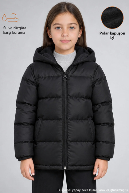 Girl's Black Fleece Fur Hooded Waterproof Wind Resistant Pocket Puffer Winter Coat