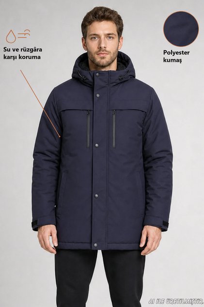 Men's Navy Blue Fleece Inside Furry Water and Windproof Hooded Winter Coat & Coat & Parka