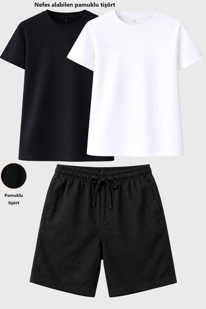 Men's Linen Shorts & Black - White Basic Cotton T-Shirt – Comfortable Fit, Breathable 3-Piece Set