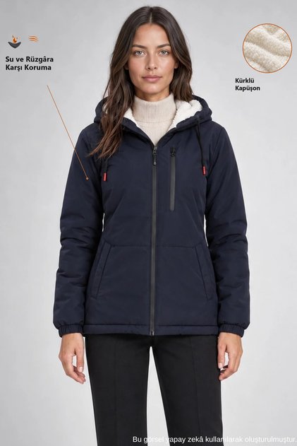 Women's Navy Blue Fur Water and Windproof Hooded Winter Coat & Coat & Parka