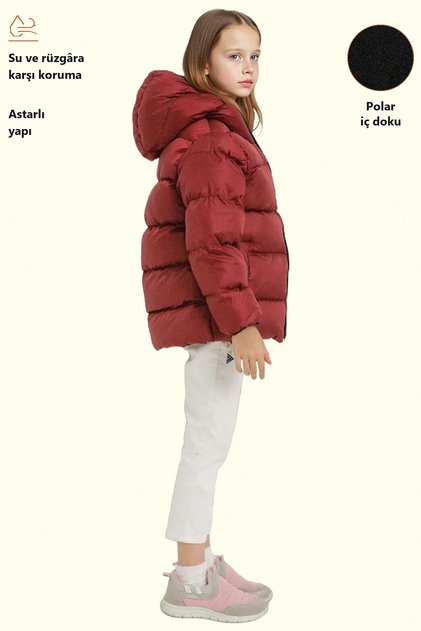 Children's Claret Red Fleece Fur Hooded Waterproof Wind Resistant Pocket Inflatable Winter Coat