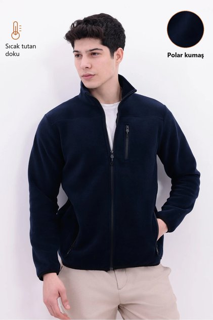 Men's Navy Blue Mock Neck Chest Pockets Zippered Warm Fleece Jacket