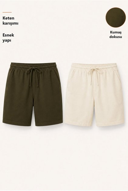 Men's 2-Piece Linen Shorts Set Khaki and White – Elastic Waist, Lace-Up, Comfortable Fit