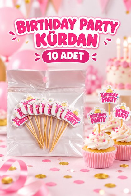 Birthday Party Written Pink Toothpick Ornament 10 Pieces