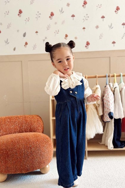 Ruffled Shirt Denim Overalls 2-Piece Set Navy Blue