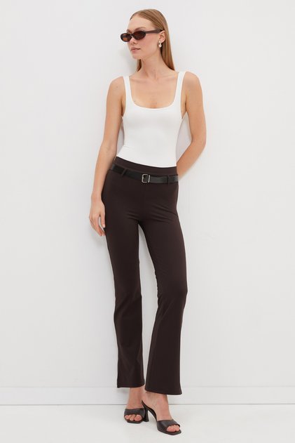 Belted Flare Pants with Slits in Diving Fabric