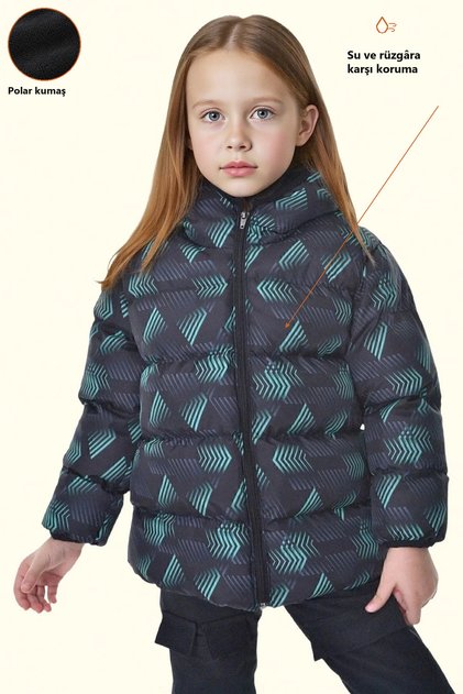 Girl's Black Green Digital Pattern Fleece Water and Windproof Hooded Puffer Winter Coat