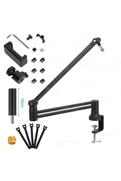 Black Adjustable Microphone Boom Arm Extended Riser with Cable Management Low Profile Mic Arm Gaming