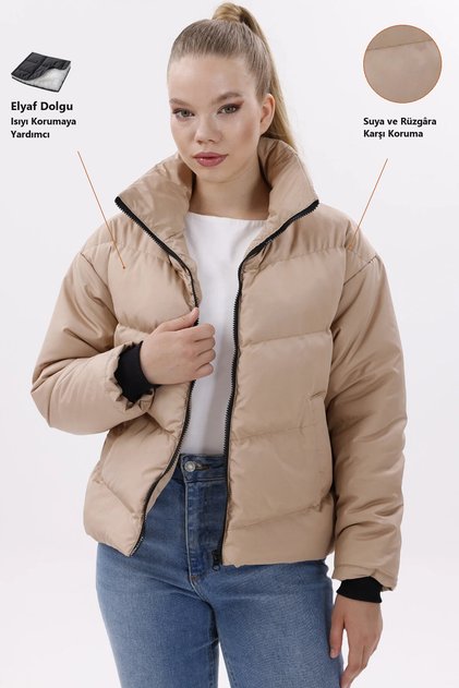 Women's Taupe Padded Puffer Coat - High Neck, Water-Resistant