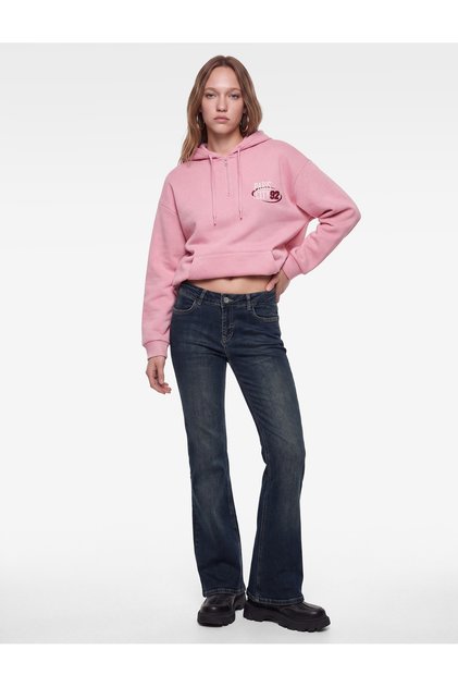 Pamuklu Rahat Kalıp Kapüşonlu Yarım Fermuarlı Cepli Baskılı Sweatshirt