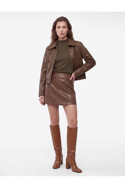 Faux Leather Mini Skirt Crocodile Look A-Line with Pockets