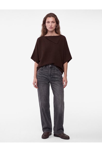 Turn-Down Collar 3/4 Sleeve Bat Sleeve Oversize Knitwear Sweater