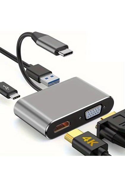 GRAY 4 in 1 USB C Hub Multiport Adapter Docking Station Type C to 4K HDTV VGA 100W PD Fast Charge Sp