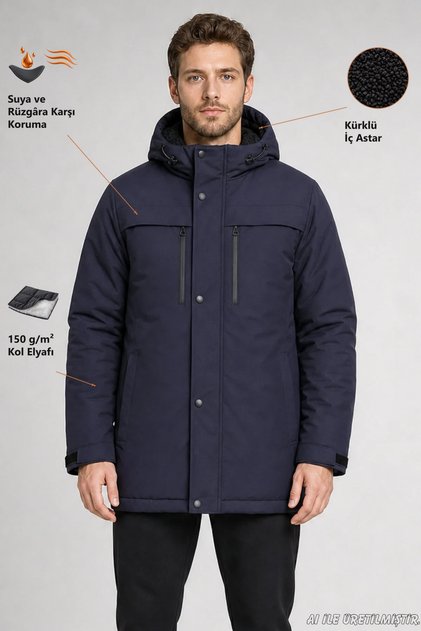 Men's Navy Blue Fleece Inside Furry Water and Windproof Hooded Winter Coat & Coat & Parka
