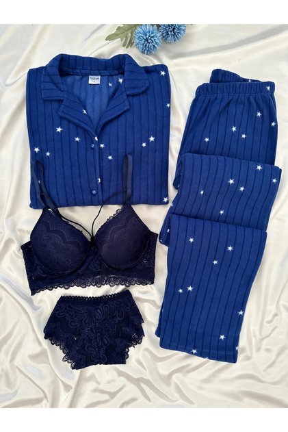 Star Patterned Buttoned Fleece Pajamas Set with Dark Blue Lingerie