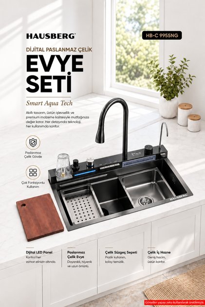 Dijital Akıllı Evye Seti — Şelale Bataryalı, LED Sıcaklık Göstergeli, Bal Peteği Tabanlı Paslanmaz Çelik Teknolojik Mutfak Evyesi,7+1 Fonksiyonlu, Aksesuarları Dahil