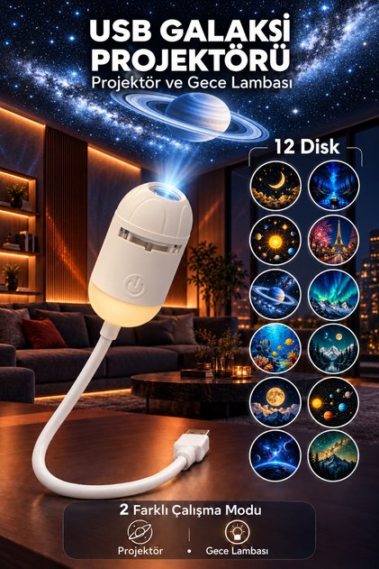 USB Galaksi Projektör LED Gece Lambası 360° Ayarlanabilir 12 Filmli 2’si 1 Arada Ambiyans Işık