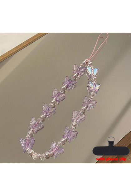 Purple Litter Butterfly Phone Chains Wrist Strap Colorful Lanyard Sweet Plastic Pearl Mobilephone Br