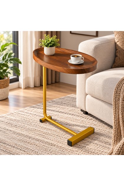 ide Table Concave Brown Texture + Gold Stand For Home Decoration