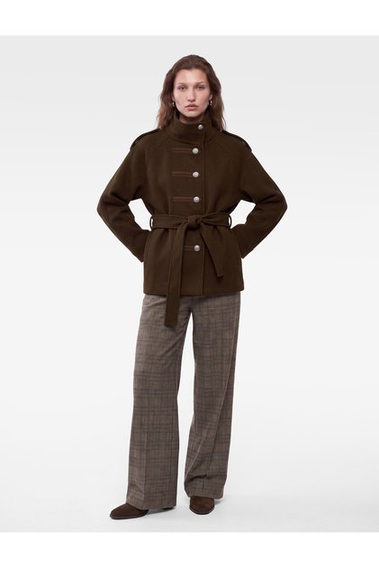 Long Sleeve Belted Double-Breasted Stand Collar Cashmere Coat with Napoleon Closure Detail