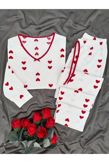 Red Heart Patterned Ecru Waffle Premium Pajama Set