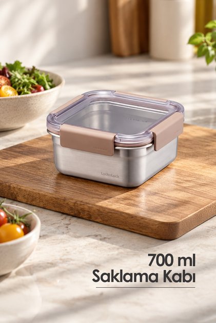 Locknlock Stainless Steel Oven & Storage Container, Square, Lockable, 700ml, Brown