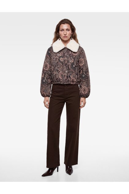 Long Sleeve Zippered Jacquard Shawl Patterned Bomber Jacket with Detachable Faux Fur Collar