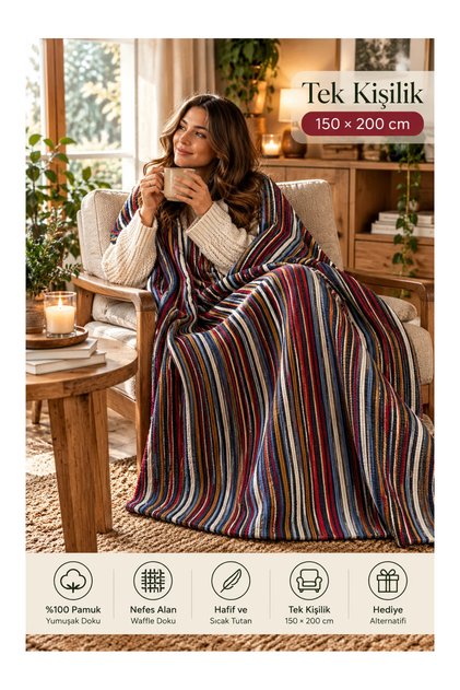Thin Striped Patterned Single Blanket Tv and Sofa Blanket Navy Blue Burgundy 150X200 cm