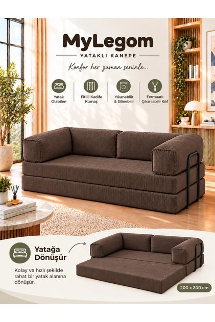 MyLegom 100x200 Açılabilir Yataklı Kanepe, Fitilli Kadife Katlanır Dinlenme Koltuğu, Yıkanabilir Venom Kumaşlı - Acı Kahve