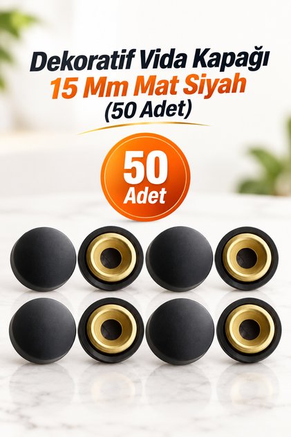 Dekoratif Vida Kapağı Kapatıcı 15 Mm Mat Siyah Vida Tapası Tıpası (50 Adet)