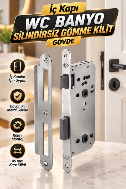 Silent Bathroom Wc Door Mortise Lock 45 mm Durable Metal Lock Mechanism Without Inner Cylinder or Barrel