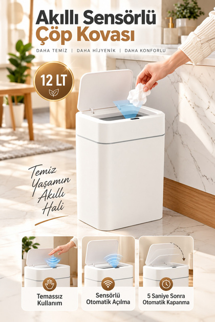 4147 Hareket Sensörlü Sessiz Kapatma Çöp Kutusu Banyo Mutfak Çöp Kovası Kapaklı Banyo Çöp Kovası
