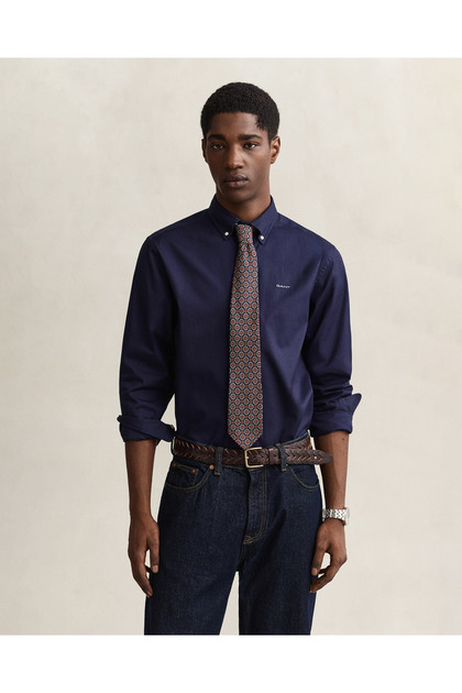 Erkek Lacivert Regular Fit Düğmeli Yaka Oxford Gömlek