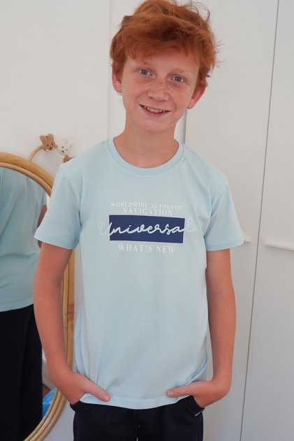 Boy's Short Sleeve T-Shirt with Colorful Text Print, Ages 9-14, Light Blue
