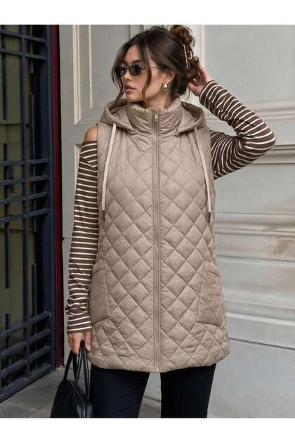 Quilted Hooded Inflatable Vest – Beige