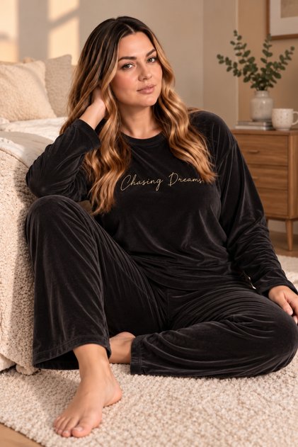 Büyük Beden Kadife Kadın Pijama Takımı - Süper Soft Kadife