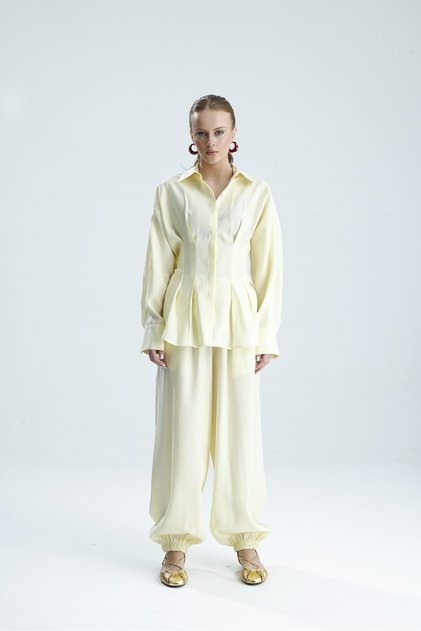 Agapi Lemon Yellow Belted Shirt and Trousers Set