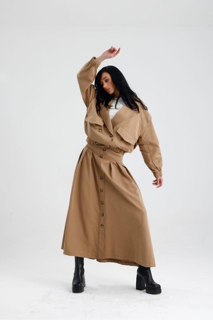 Izla Skirt, Long, Flared, with Front Button Closure and Side Pockets.