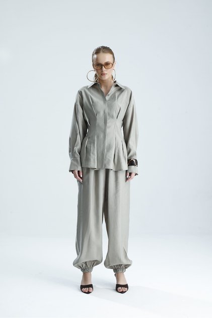 Agapi Stone-Colored Belted Shirt and Trousers Set