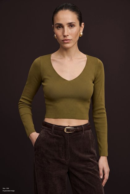 V-Neck Crop Knitwear - Mold Green